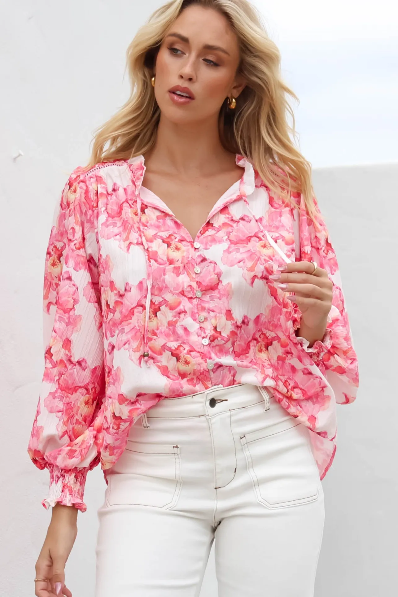Moree Blouse - Frill Collar Neck Tie Button Down Shirt in Franc Print Pink>Salty Crush Online
