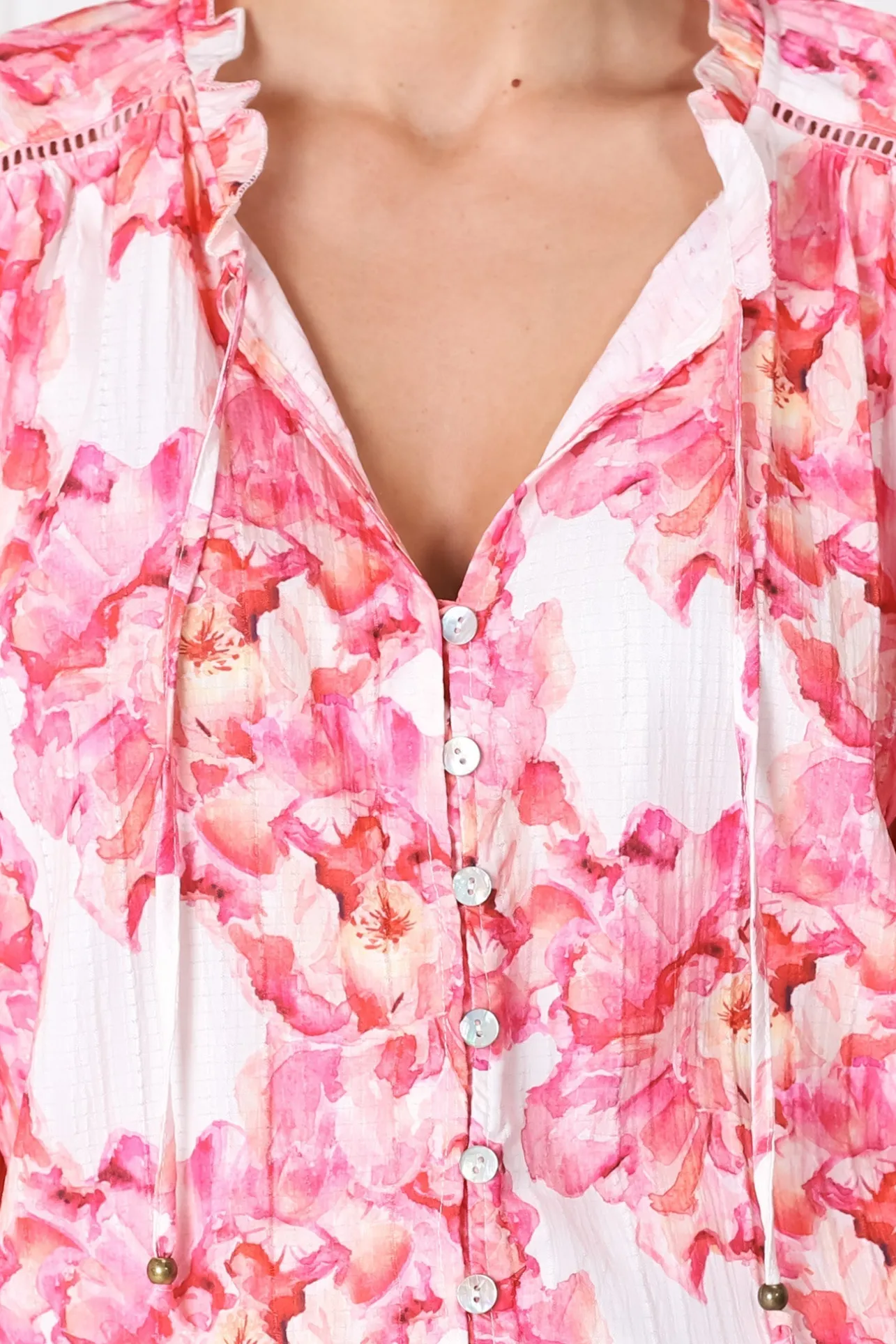 Moree Blouse - Frill Collar Neck Tie Button Down Shirt in Franc Print Pink>Salty Crush Online