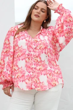 Moree Blouse - Frill Collar Neck Tie Button Down Shirt in Franc Print Pink><noscript><img width=