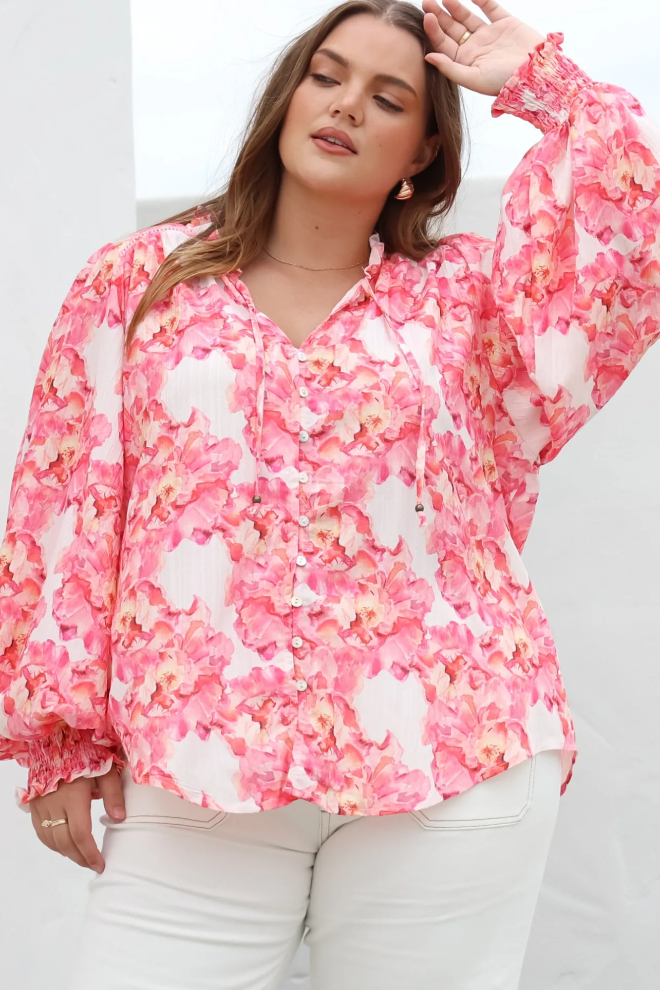 Moree Blouse - Frill Collar Neck Tie Button Down Shirt in Franc Print Pink>Salty Crush Online