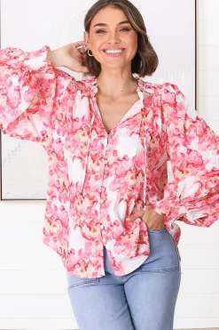 Moree Blouse - Frill Collar Neck Tie Button Down Shirt in Franc Print Pink><noscript><img width=