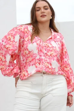 Moree Blouse - Frill Collar Neck Tie Button Down Shirt in Franc Print Pink><noscript><img width=