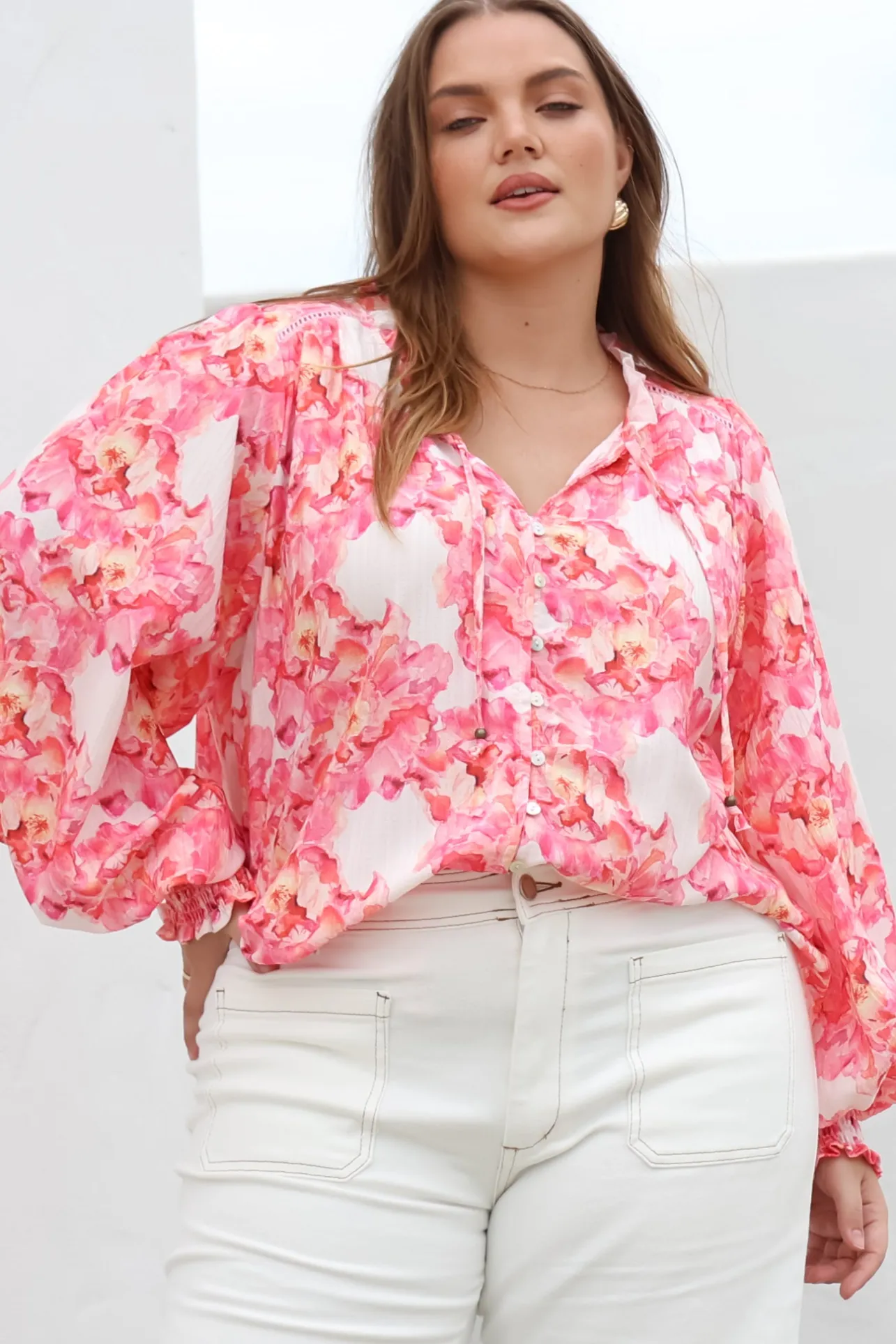 Moree Blouse - Frill Collar Neck Tie Button Down Shirt in Franc Print Pink>Salty Crush Online