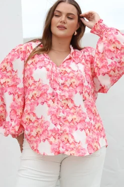 Moree Blouse - Frill Collar Neck Tie Button Down Shirt in Franc Print Pink><noscript><img width=