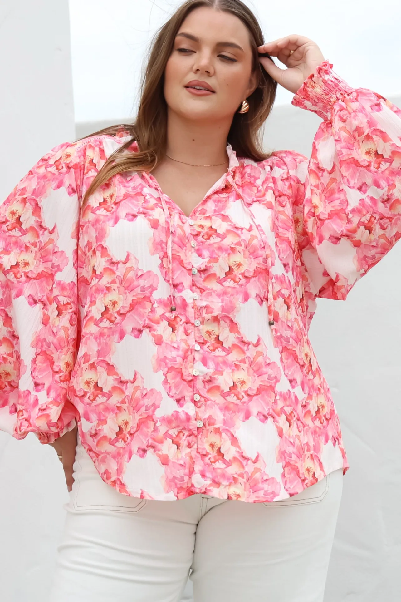 Moree Blouse - Frill Collar Neck Tie Button Down Shirt in Franc Print Pink>Salty Crush Online