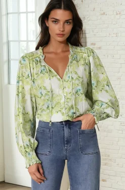 Moree Blouse - Frill Collar Neck Tie Button Down Shirt in Franc Print Lime>Salty Crush Discount