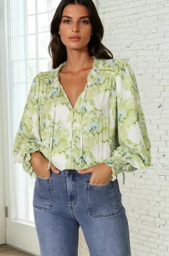 Moree Blouse - Frill Collar Neck Tie Button Down Shirt in Franc Print Lime>Salty Crush Discount