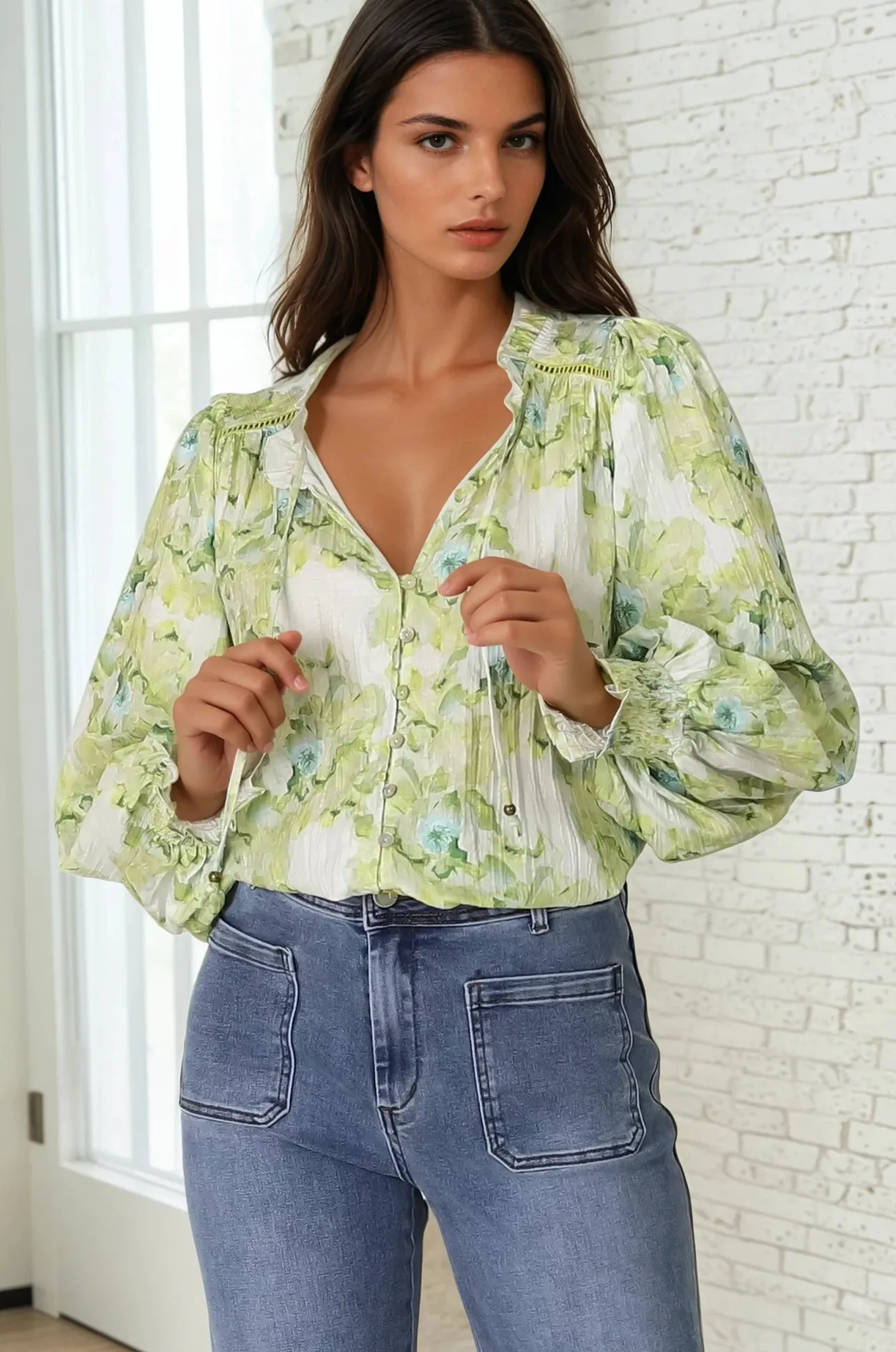 Moree Blouse - Frill Collar Neck Tie Button Down Shirt in Franc Print Lime>Salty Crush Discount