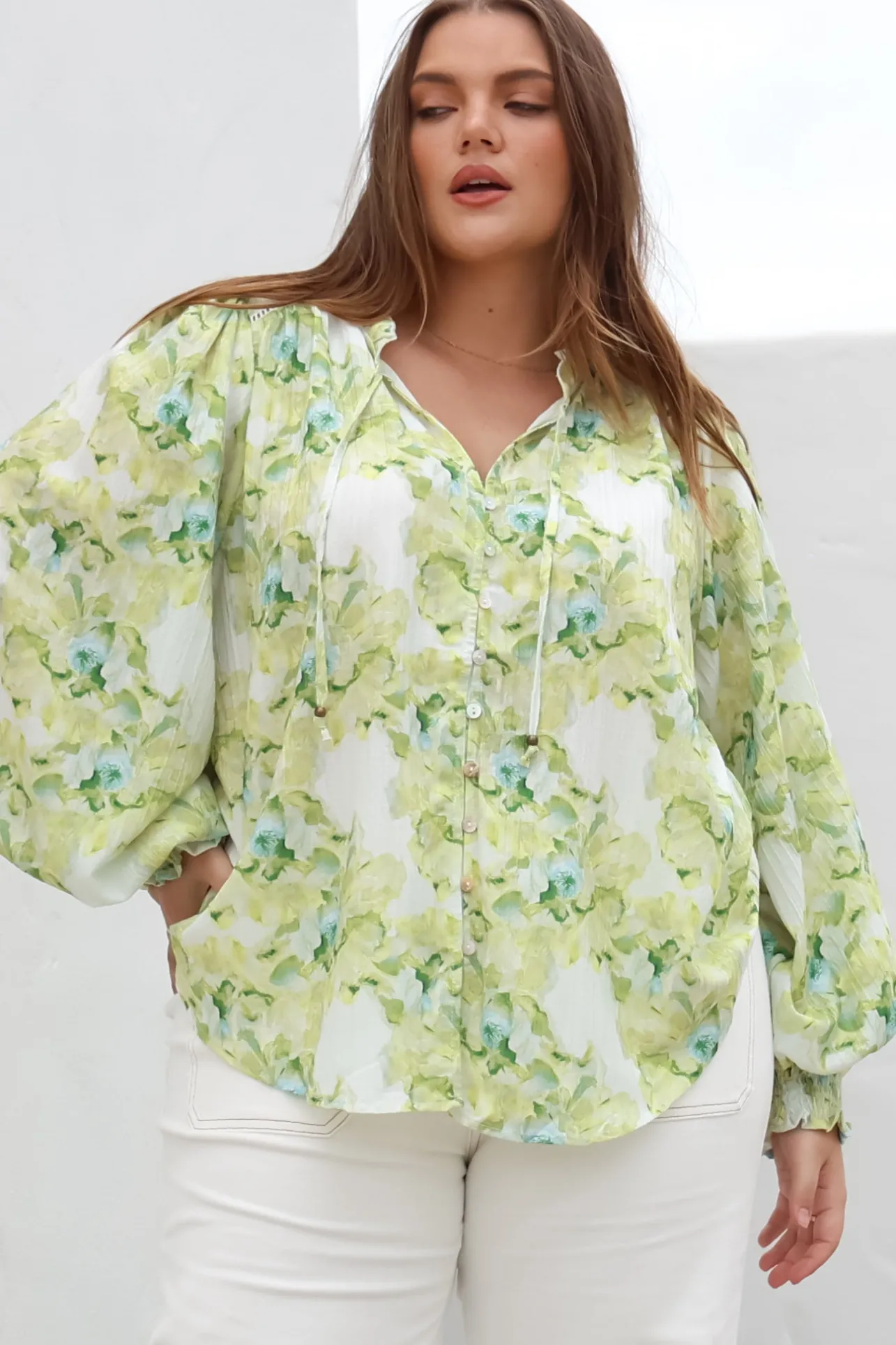 Moree Blouse - Frill Collar Neck Tie Button Down Shirt in Franc Print Lime>Salty Crush Discount