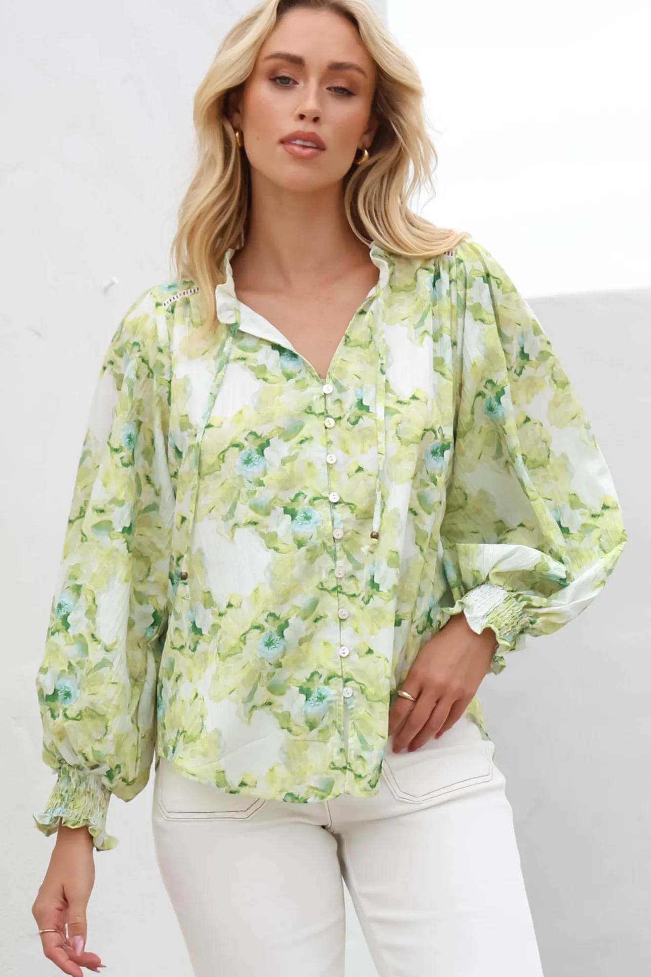 Moree Blouse - Frill Collar Neck Tie Button Down Shirt in Franc Print Lime>Salty Crush Discount