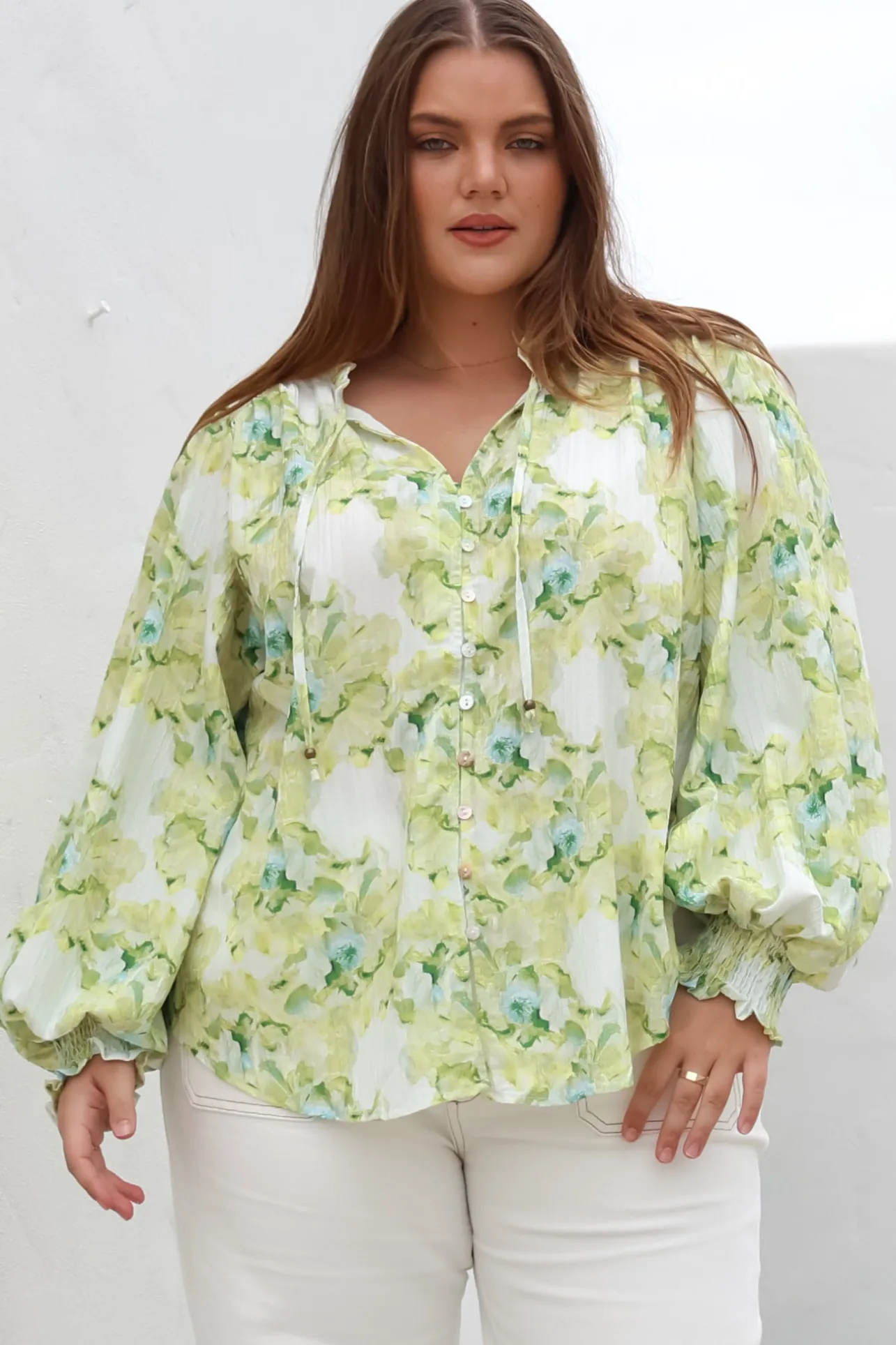 Moree Blouse - Frill Collar Neck Tie Button Down Shirt in Franc Print Lime>Salty Crush Discount