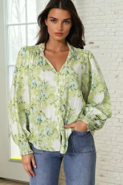 Moree Blouse - Frill Collar Neck Tie Button Down Shirt in Franc Print Lime><noscript><img width=