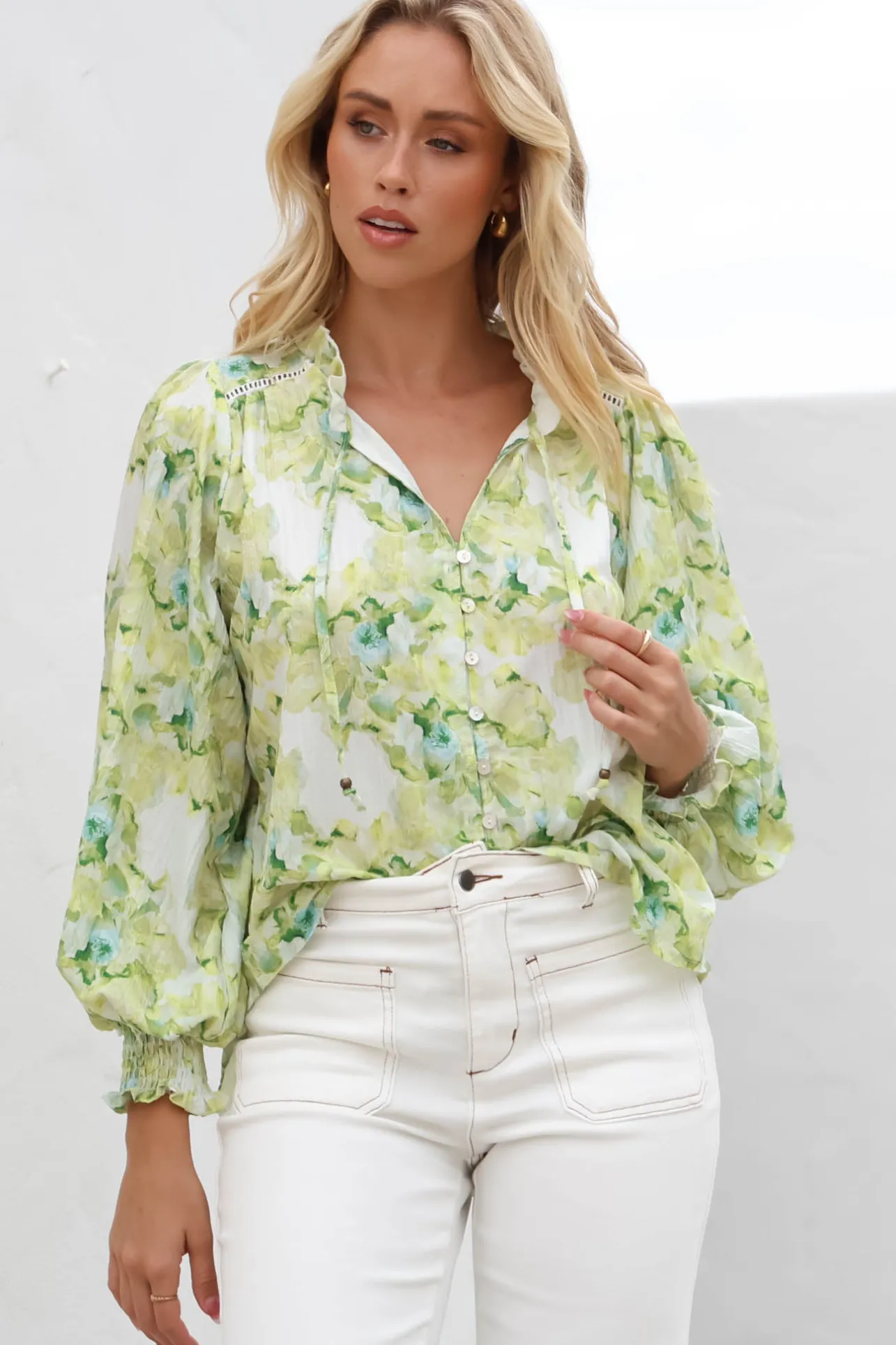 Moree Blouse - Frill Collar Neck Tie Button Down Shirt in Franc Print Lime>Salty Crush Discount