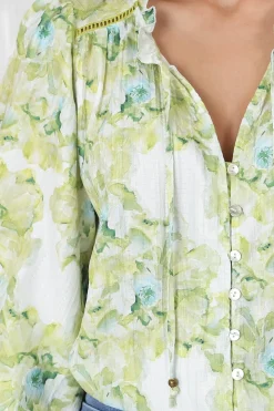 Moree Blouse - Frill Collar Neck Tie Button Down Shirt in Franc Print Lime><noscript><img width=