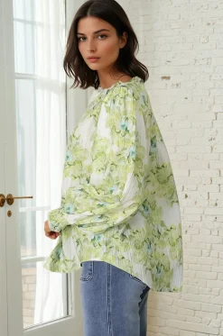 Moree Blouse - Frill Collar Neck Tie Button Down Shirt in Franc Print Lime><noscript><img width=
