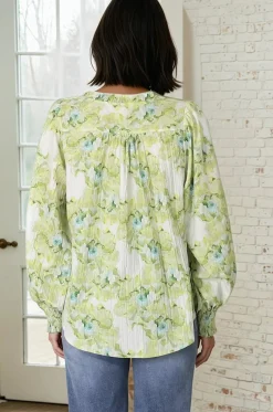 Moree Blouse - Frill Collar Neck Tie Button Down Shirt in Franc Print Lime><noscript><img width=