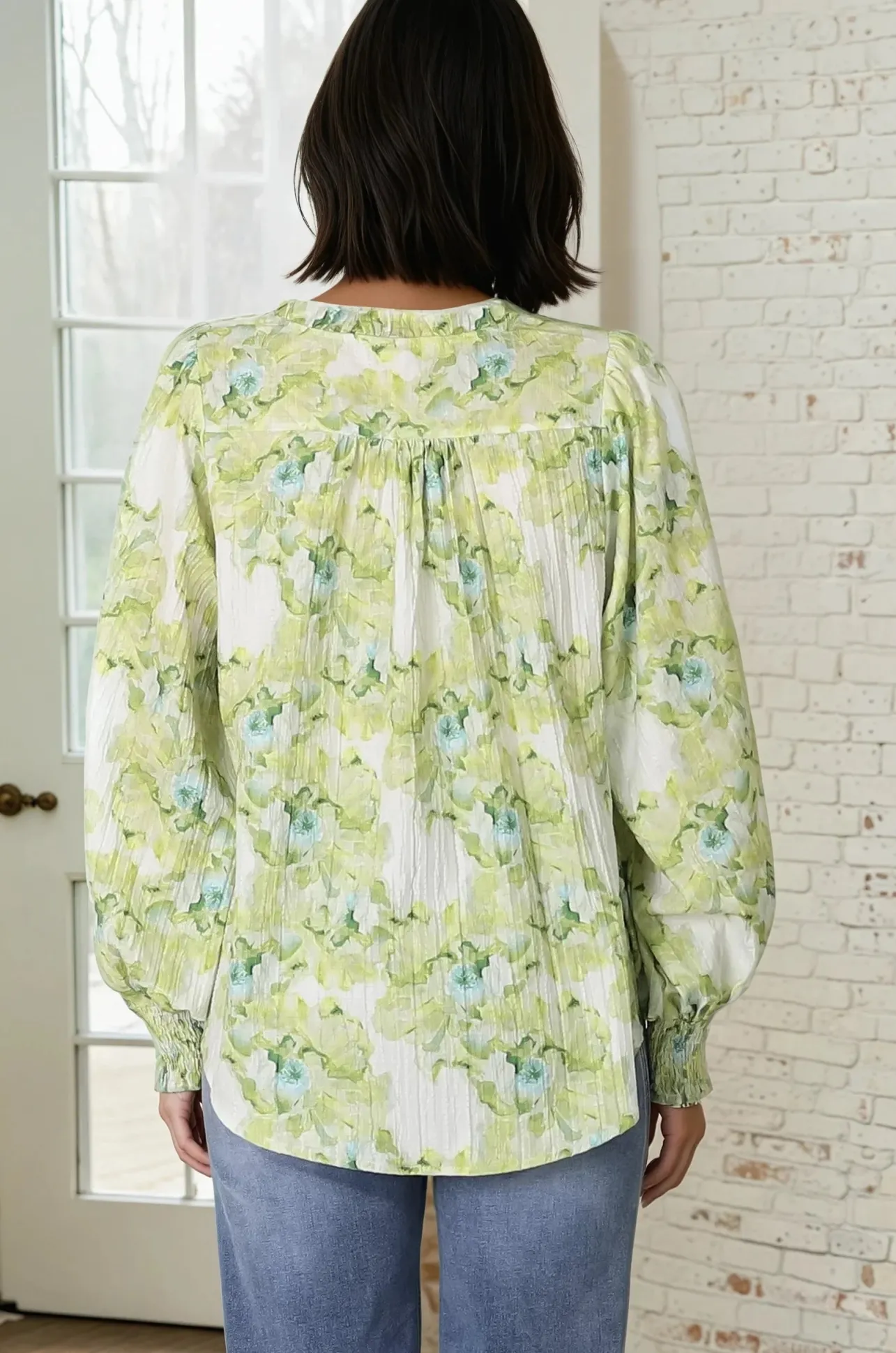 Moree Blouse - Frill Collar Neck Tie Button Down Shirt in Franc Print Lime>Salty Crush Discount