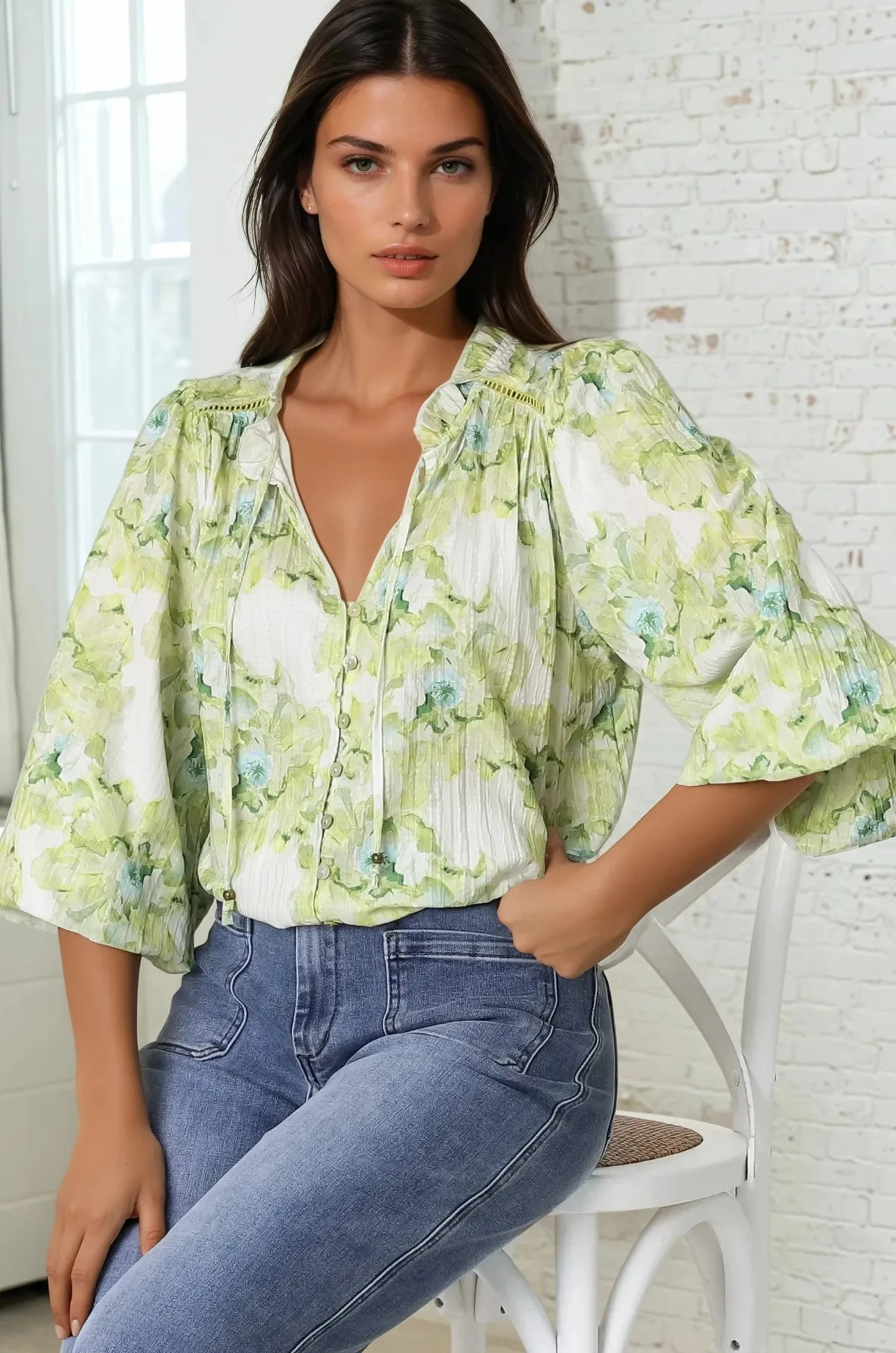 Moree Blouse - Frill Collar Neck Tie Button Down Shirt in Franc Print Lime>Salty Crush Discount