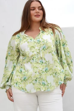Moree Blouse - Frill Collar Neck Tie Button Down Shirt in Franc Print Lime><noscript><img width=