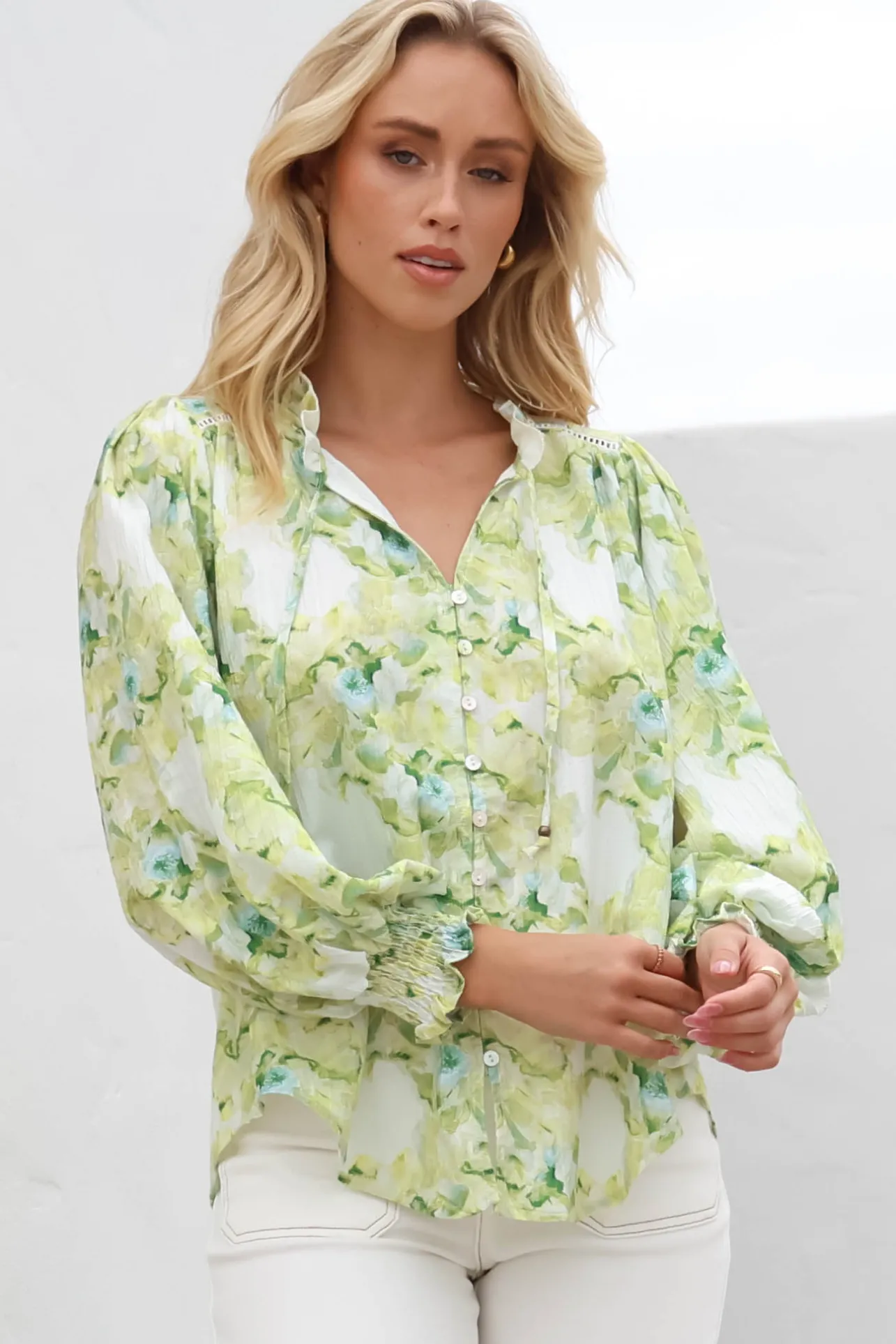 Moree Blouse - Frill Collar Neck Tie Button Down Shirt in Franc Print Lime>Salty Crush Discount