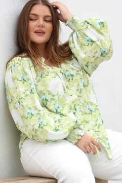 Moree Blouse - Frill Collar Neck Tie Button Down Shirt in Franc Print Lime><noscript><img width=