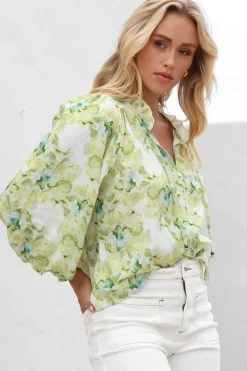 Moree Blouse - Frill Collar Neck Tie Button Down Shirt in Franc Print Lime><noscript><img width=