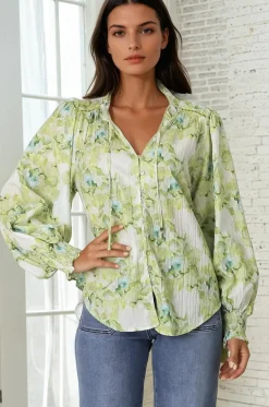 Moree Blouse - Frill Collar Neck Tie Button Down Shirt in Franc Print Lime><noscript><img width=
