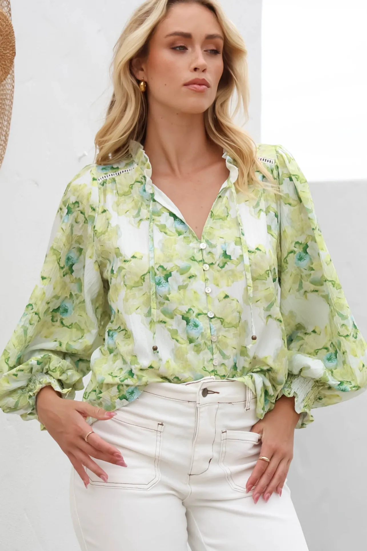 Moree Blouse - Frill Collar Neck Tie Button Down Shirt in Franc Print Lime>Salty Crush Discount
