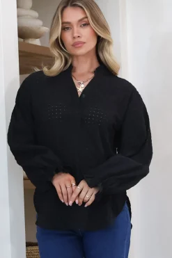 Morgan Blouse - Frill Collar Button Down Textured Blouse with Balloon Sleeves in Black><noscript><img width=