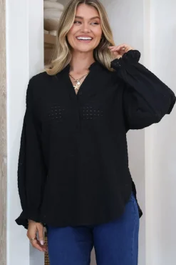 Morgan Blouse - Frill Collar Button Down Textured Blouse with Balloon Sleeves in Black><noscript><img width=