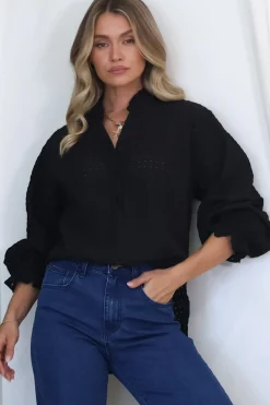 Morgan Blouse - Frill Collar Button Down Textured Blouse with Balloon Sleeves in Black><noscript><img width=
