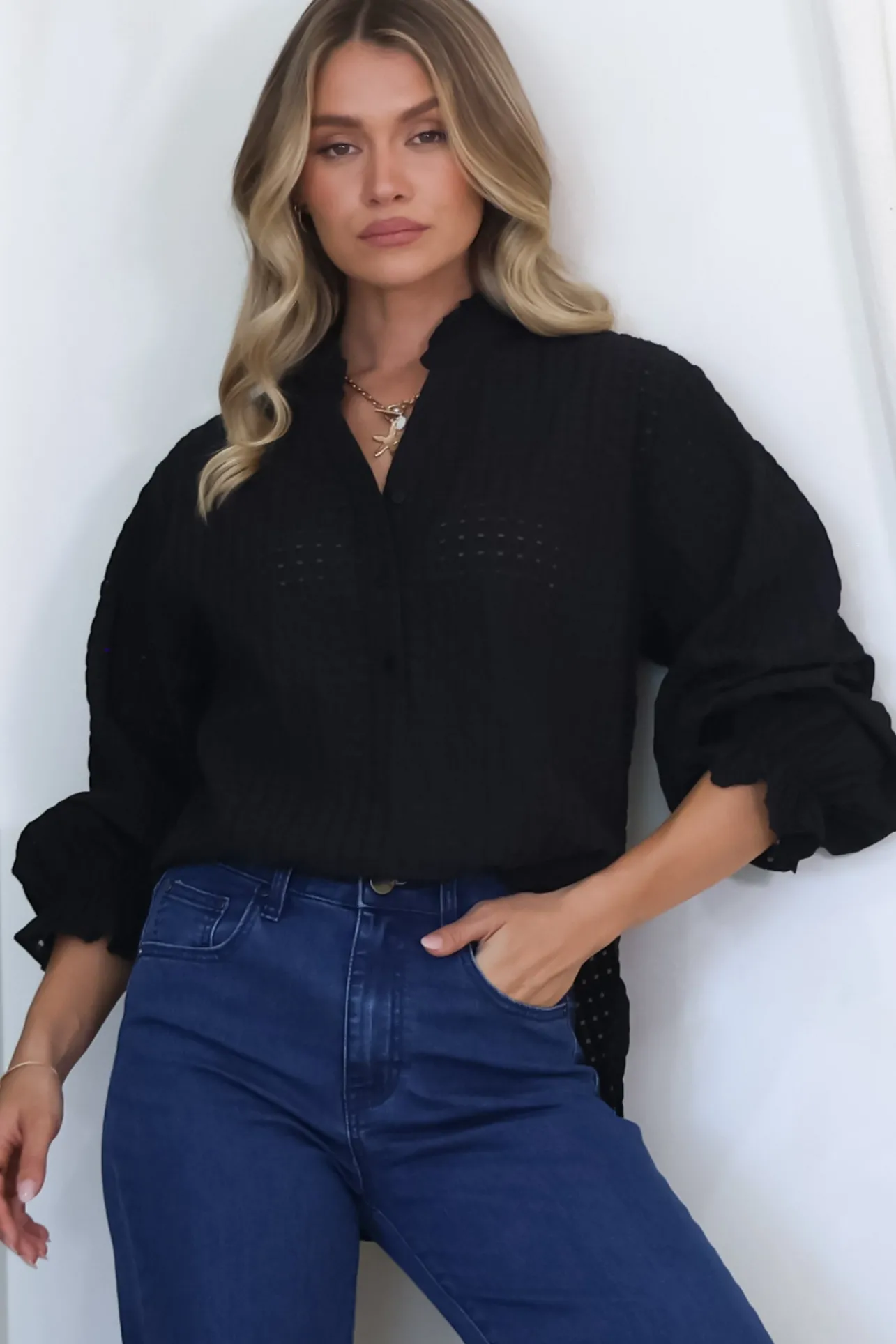 Morgan Blouse - Frill Collar Button Down Textured Blouse with Balloon Sleeves in Black>Salty Crush New