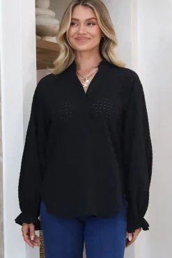 Morgan Blouse - Frill Collar Button Down Textured Blouse with Balloon Sleeves in Black><noscript><img width=