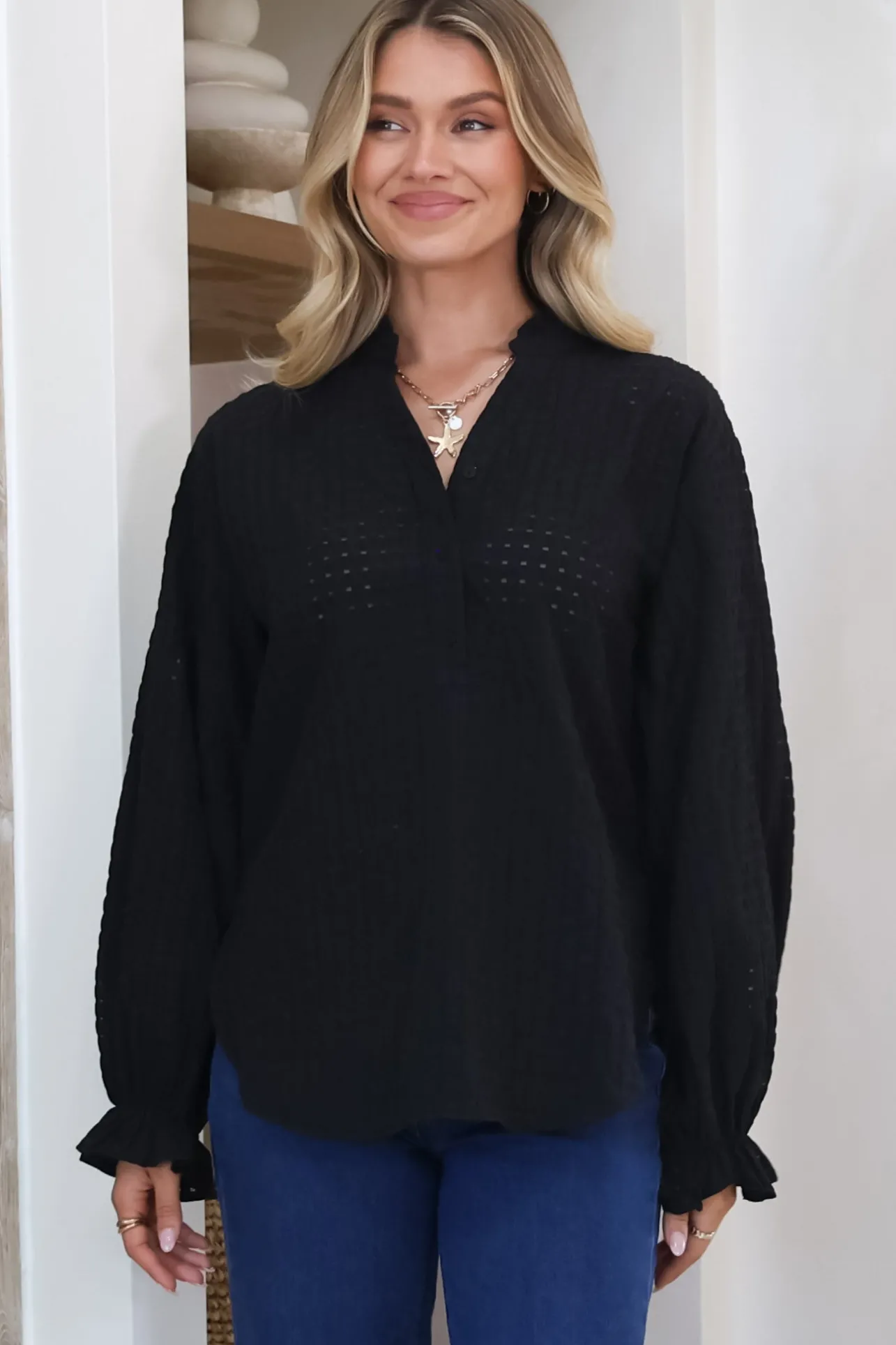 Morgan Blouse - Frill Collar Button Down Textured Blouse with Balloon Sleeves in Black>Salty Crush New