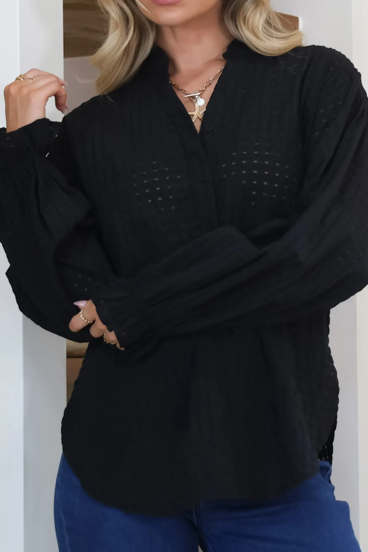 Morgan Blouse - Frill Collar Button Down Textured Blouse with Balloon Sleeves in Black>Salty Crush New
