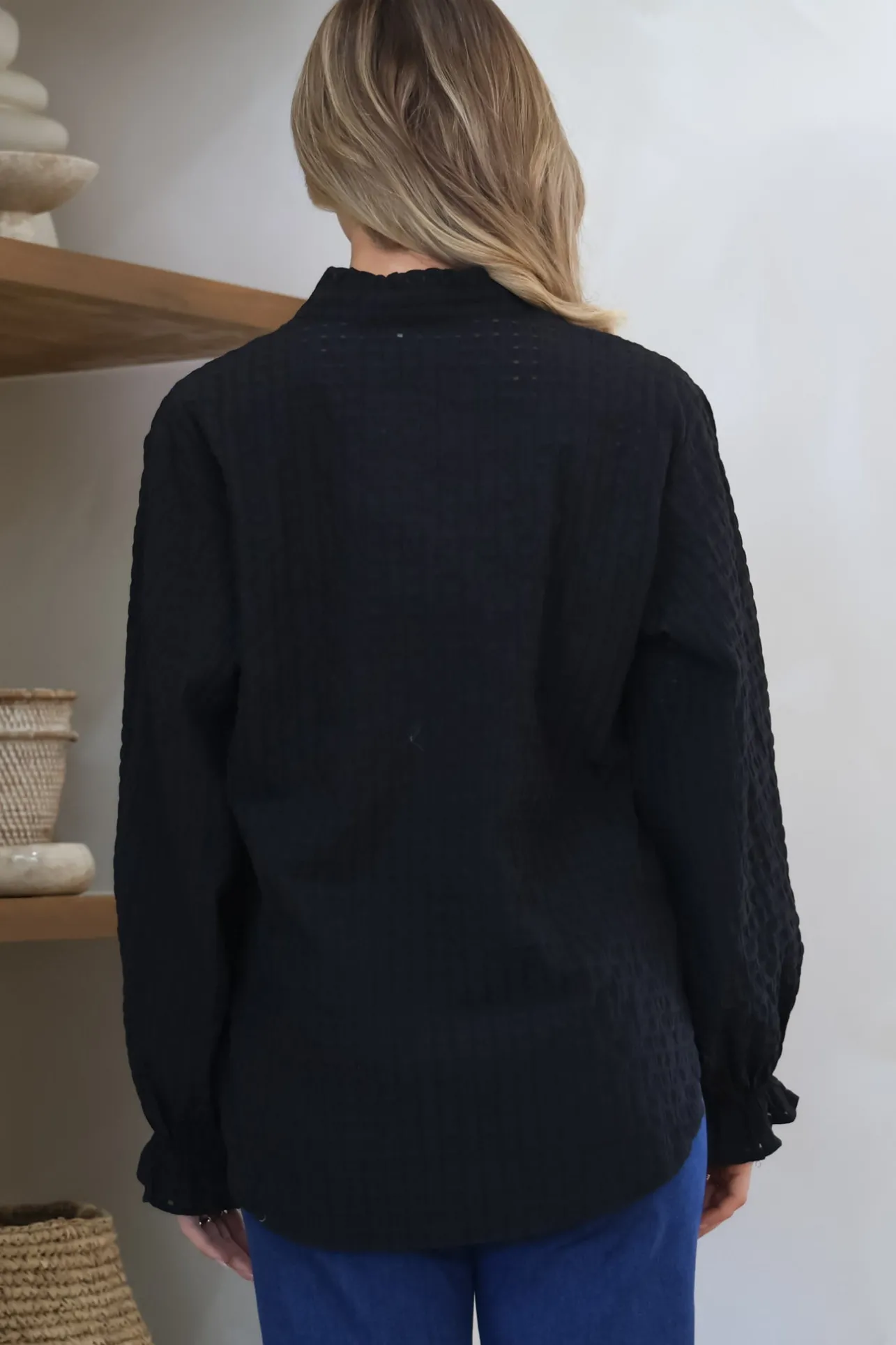 Morgan Blouse - Frill Collar Button Down Textured Blouse with Balloon Sleeves in Black>Salty Crush New