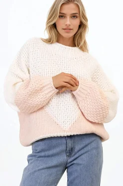 Morgan Jumper - Chunky High Neck Color Block Knit Jumper in Cream Splice>Salty Crush Best