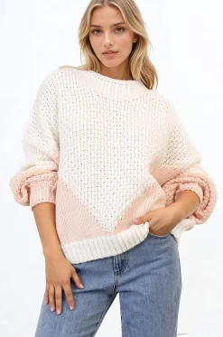 Morgan Jumper - Chunky High Neck Color Block Knit Jumper in Cream Splice><noscript><img width=