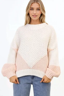 Morgan Jumper - Chunky High Neck Color Block Knit Jumper in Cream Splice><noscript><img width=