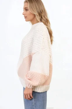 Morgan Jumper - Chunky High Neck Color Block Knit Jumper in Cream Splice><noscript><img width=