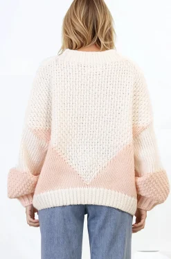 Morgan Jumper - Chunky High Neck Color Block Knit Jumper in Cream Splice><noscript><img width=