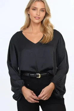 Morgana Blouse - Soft V-Neckline Pull Over Top with Balloon Sleeves in Black>Salty Crush