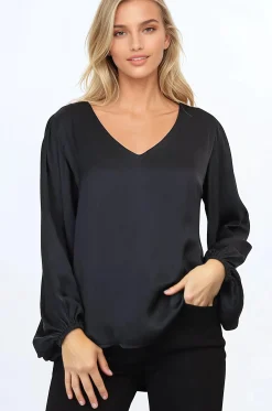 Morgana Blouse - Soft V-Neckline Pull Over Top with Balloon Sleeves in Black><noscript><img width=