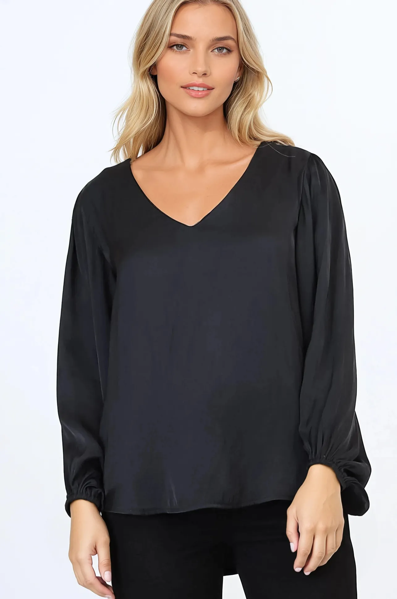 Morgana Blouse - Soft V-Neckline Pull Over Top with Balloon Sleeves in Black>Salty Crush