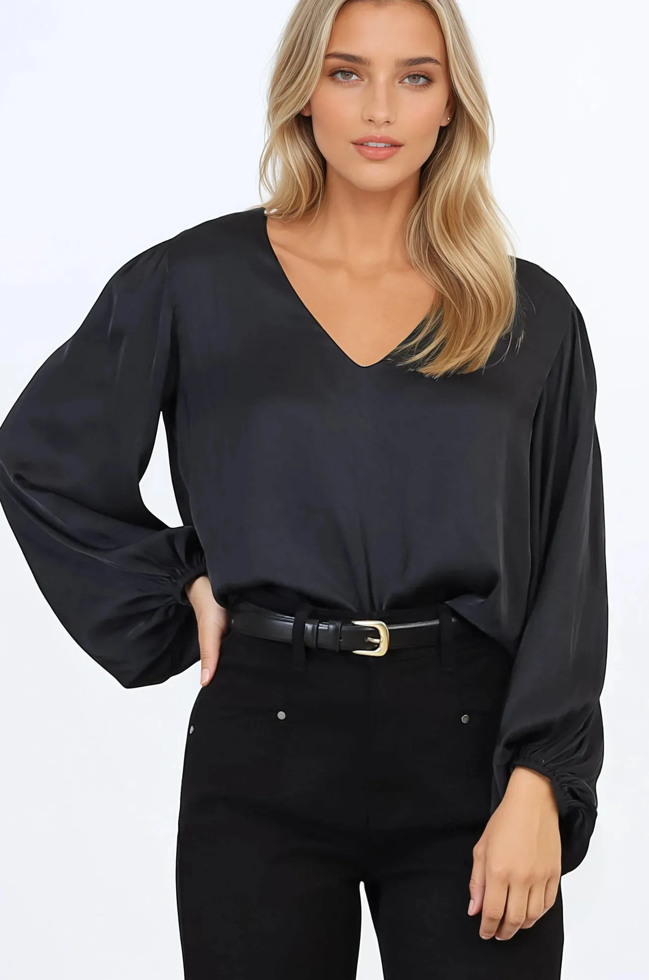 Morgana Blouse - Soft V-Neckline Pull Over Top with Balloon Sleeves in Black>Salty Crush