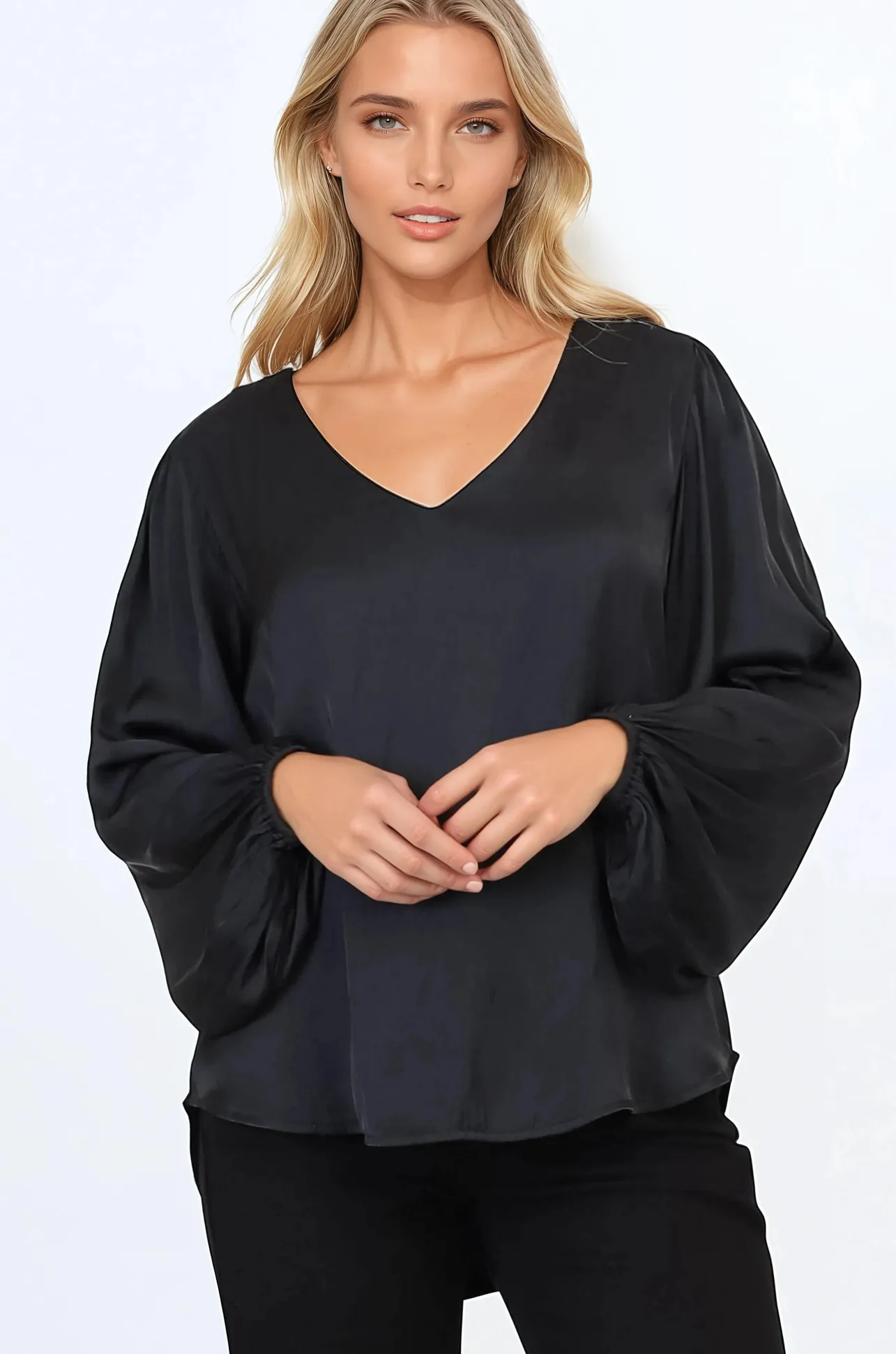 Morgana Blouse - Soft V-Neckline Pull Over Top with Balloon Sleeves in Black>Salty Crush