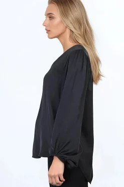 Morgana Blouse - Soft V-Neckline Pull Over Top with Balloon Sleeves in Black><noscript><img width=