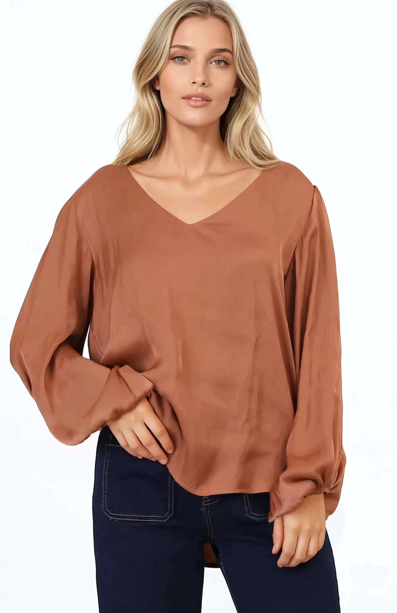 Morgana Blouse - Soft V-Neckline Pull Over Top with Balloon Sleeves in Rust>Salty Crush Discount