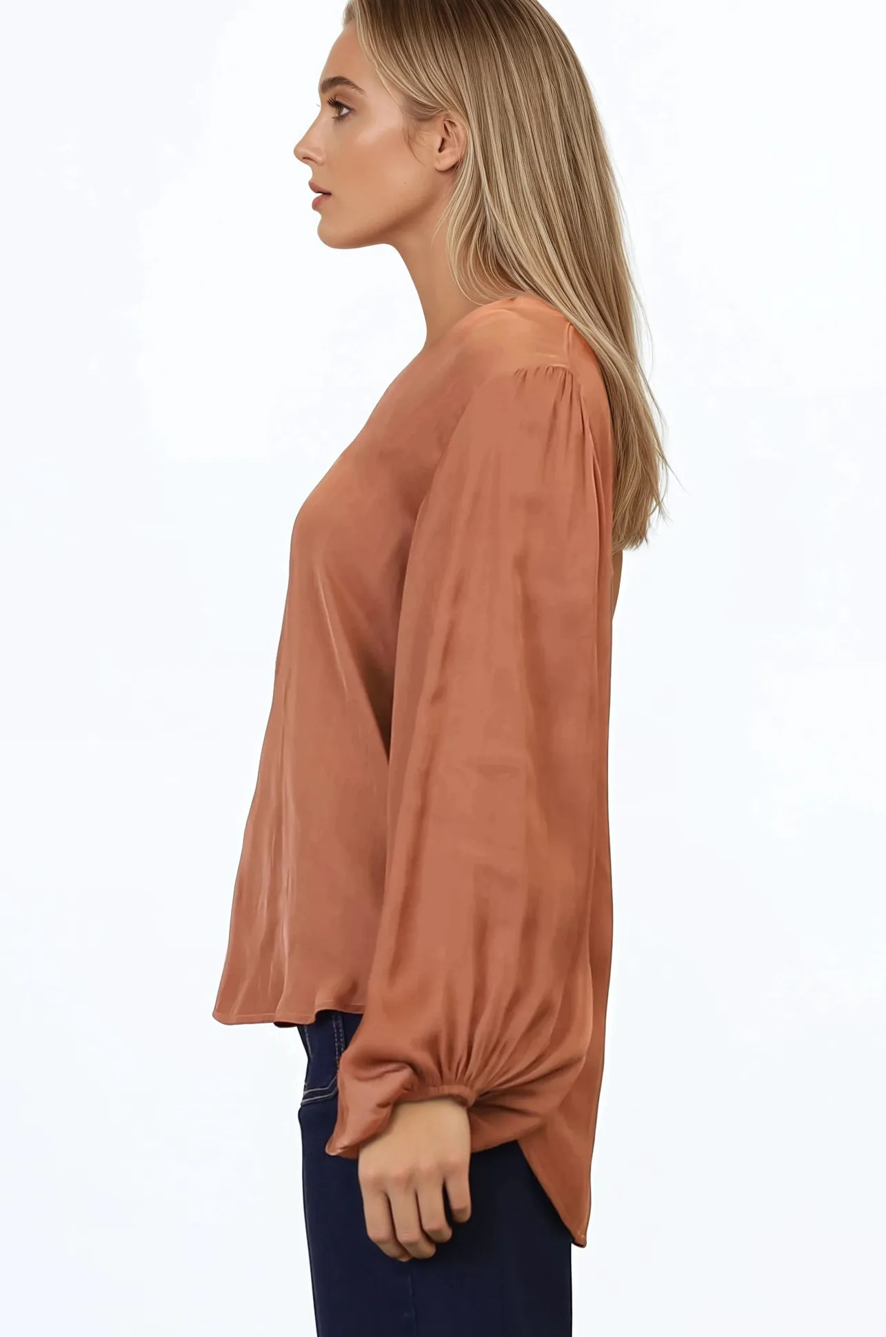 Morgana Blouse - Soft V-Neckline Pull Over Top with Balloon Sleeves in Rust>Salty Crush Discount