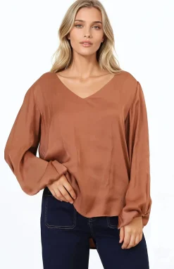 Morgana Blouse - Soft V-Neckline Pull Over Top with Balloon Sleeves in Rust><noscript><img width=